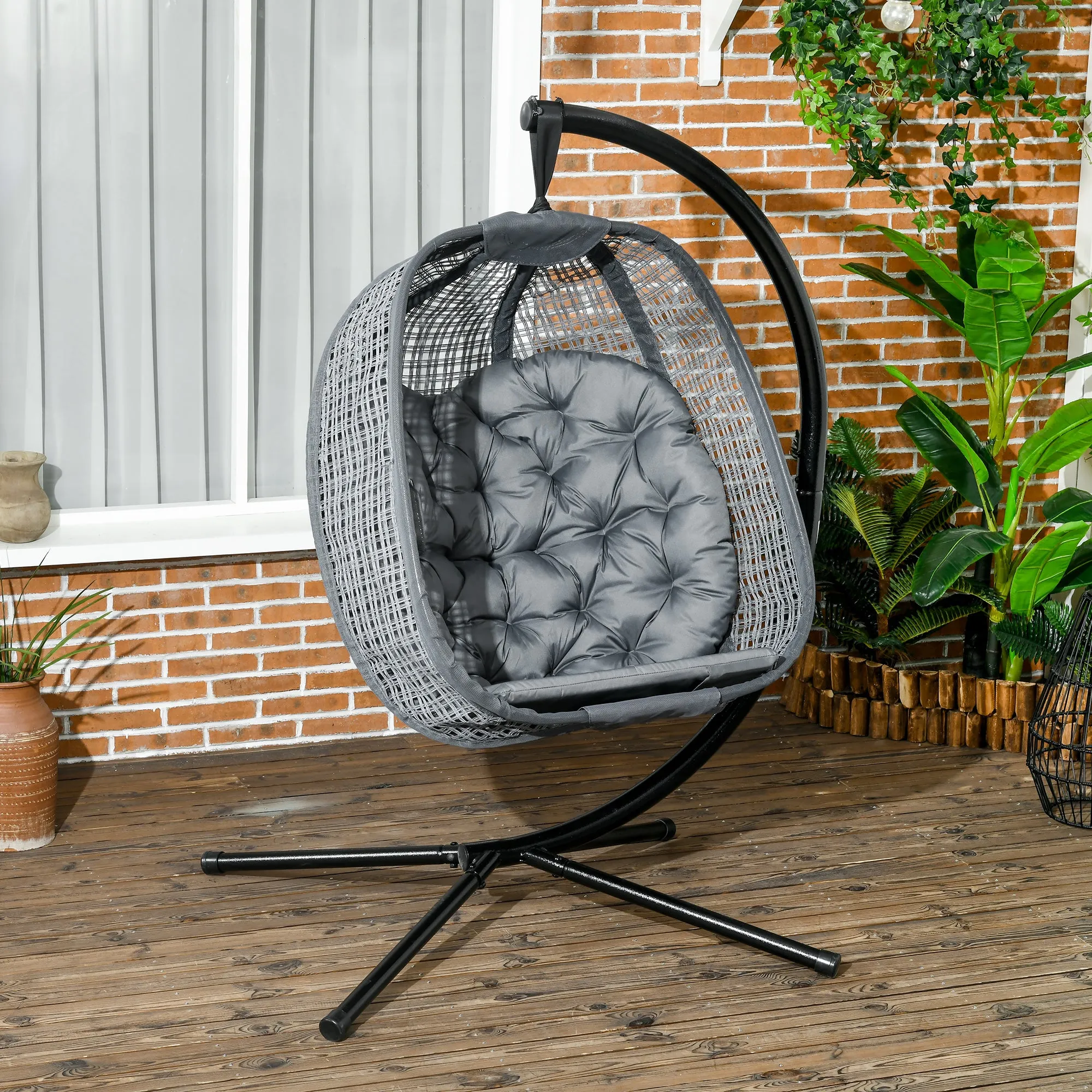 Outdoor Swing Chair with Thick Padded Cushion, Patio Hanging Chair with Metal Stand, Egg Chair with Foldable Basket, Cup Holder, for Indoor and Outdoor, Dark Grey