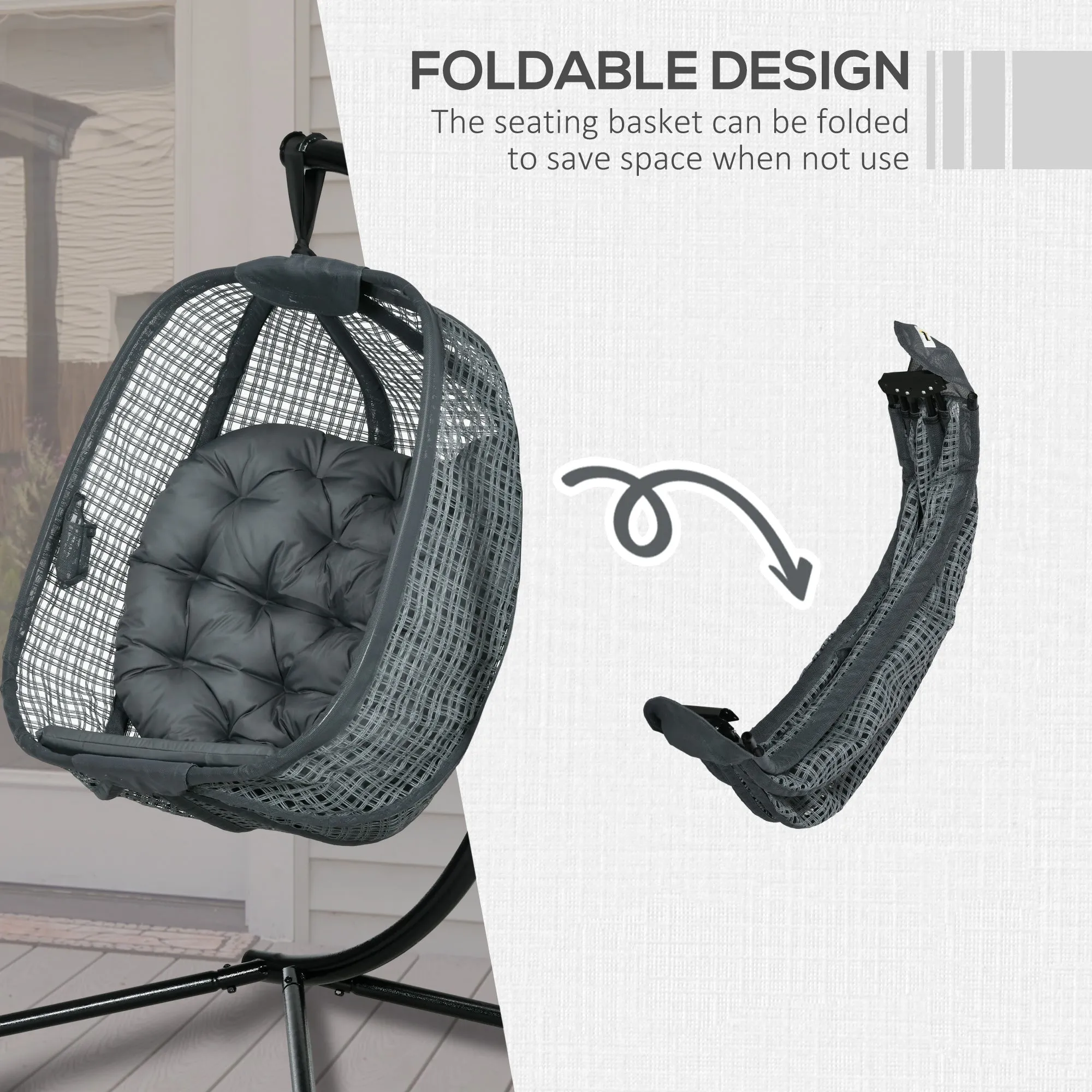 Outdoor Swing Chair with Thick Padded Cushion, Patio Hanging Chair with Metal Stand, Egg Chair with Foldable Basket, Cup Holder, for Indoor and Outdoor, Dark Grey