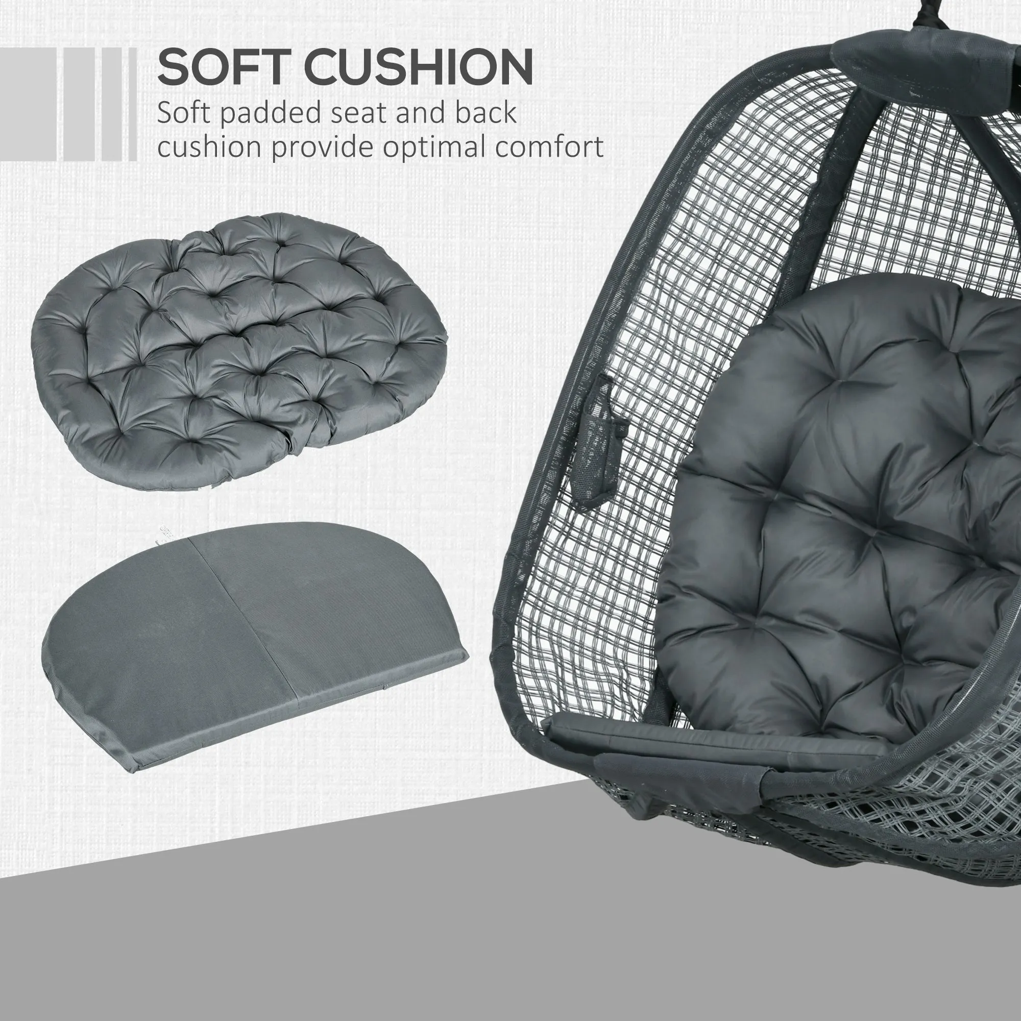 Outdoor Swing Chair with Thick Padded Cushion, Patio Hanging Chair with Metal Stand, Egg Chair with Foldable Basket, Cup Holder, for Indoor and Outdoor, Dark Grey