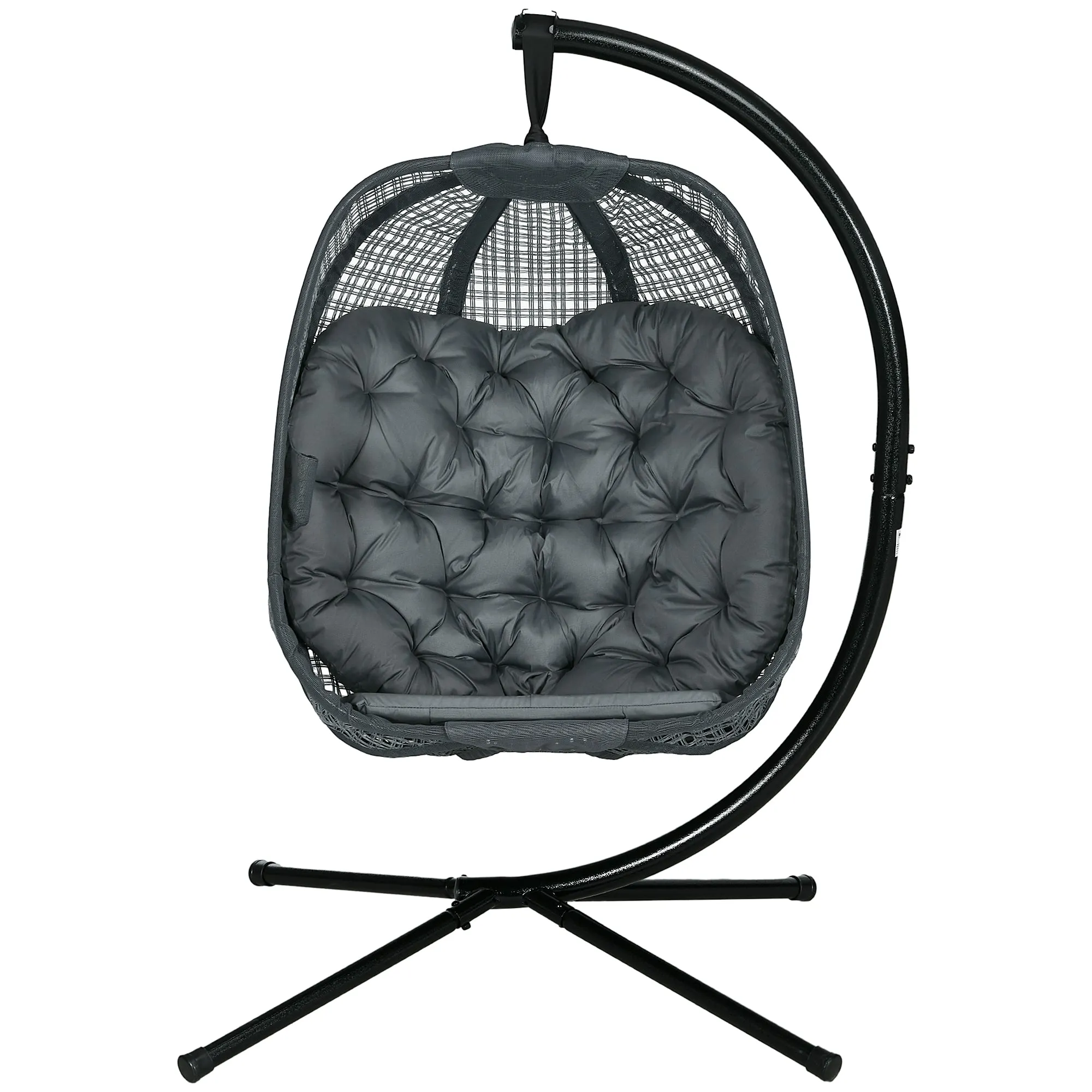 Outdoor Swing Chair with Thick Padded Cushion, Patio Hanging Chair with Metal Stand, Egg Chair with Foldable Basket, Cup Holder, for Indoor and Outdoor, Dark Grey