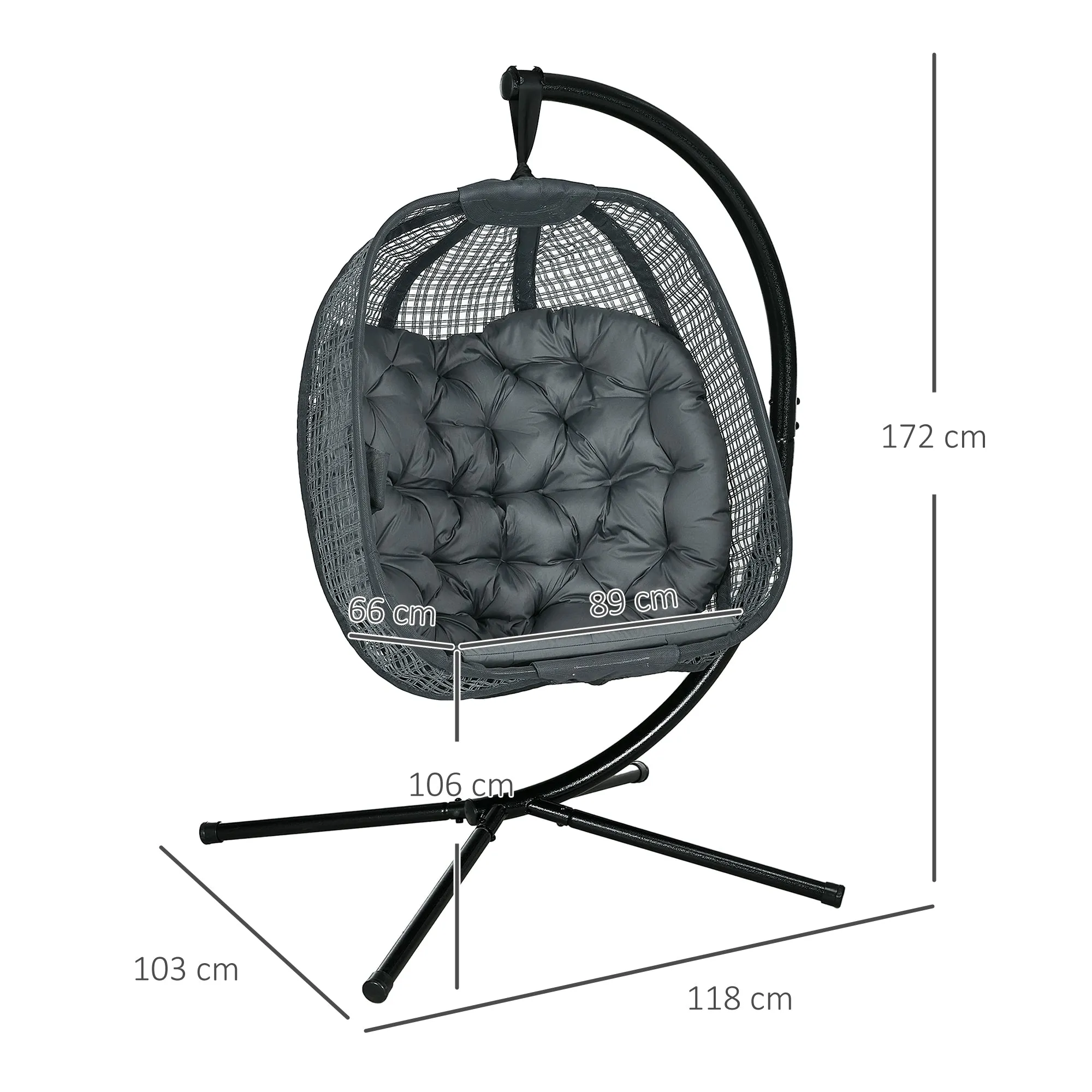 Outdoor Swing Chair with Thick Padded Cushion, Patio Hanging Chair with Metal Stand, Egg Chair with Foldable Basket, Cup Holder, for Indoor and Outdoor, Dark Grey
