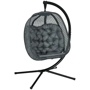 Outdoor Swing Chair with Thick Padded Cushion, Patio Hanging Chair with Metal Stand, Egg Chair with Foldable Basket, Cup Holder, for Indoor and Outdoor, Dark Grey