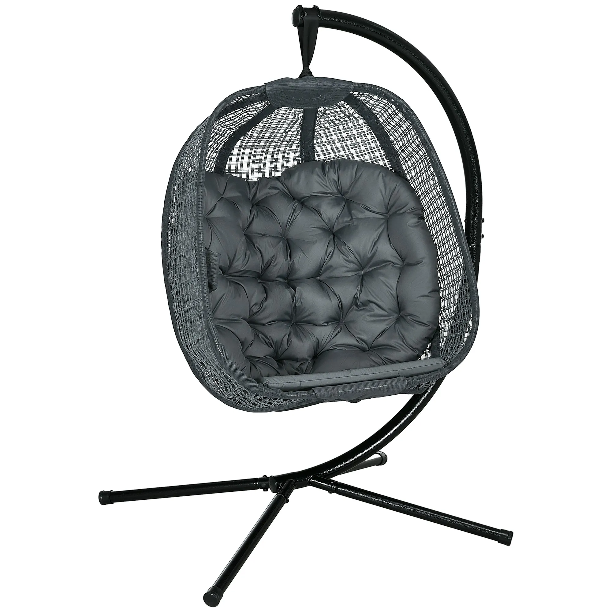 Outdoor Swing Chair with Thick Padded Cushion, Patio Hanging Chair with Metal Stand, Egg Chair with Foldable Basket, Cup Holder, for Indoor and Outdoor, Dark Grey