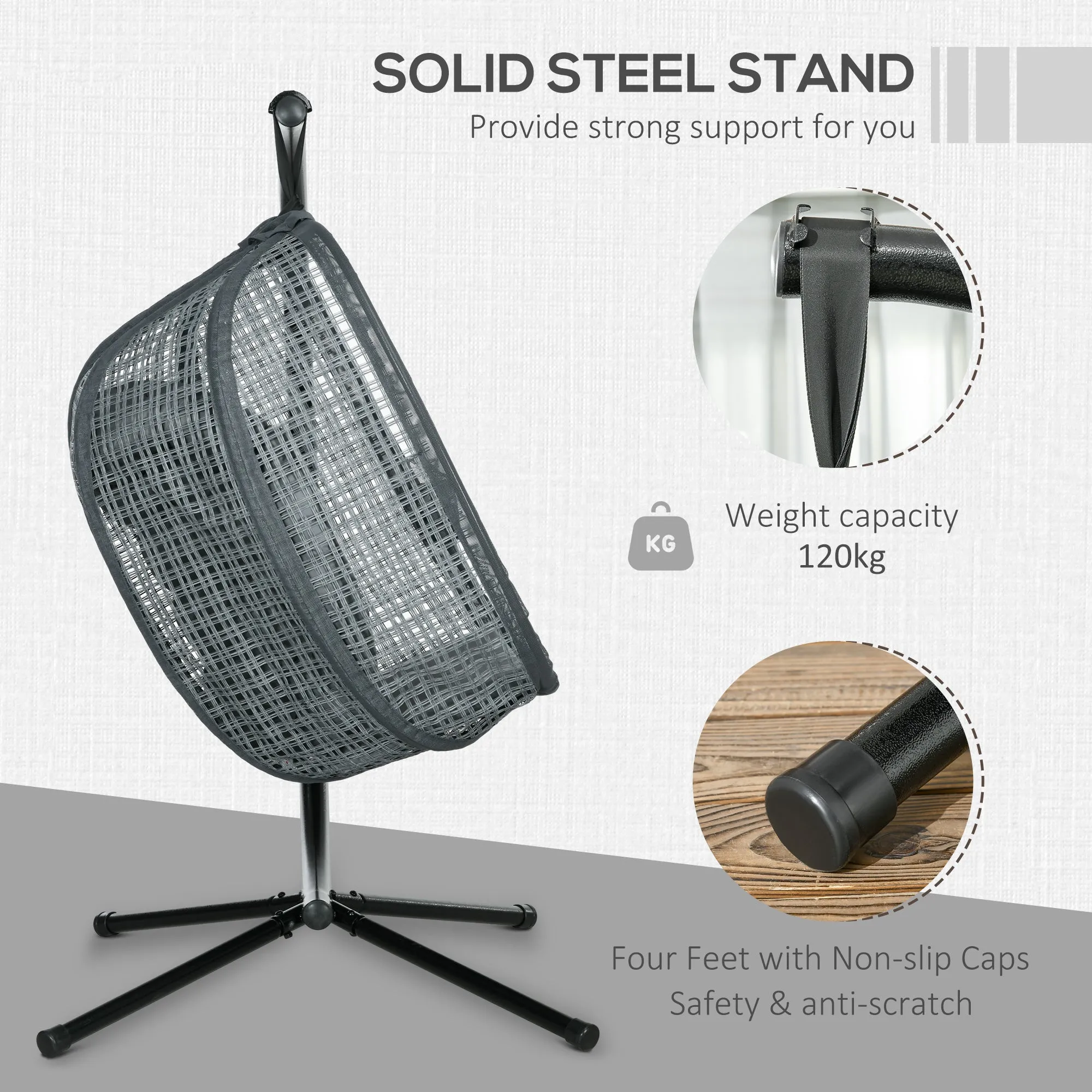 Outdoor Swing Chair with Thick Padded Cushion, Patio Hanging Chair with Metal Stand, Egg Chair with Foldable Basket, Cup Holder, for Indoor and Outdoor, Dark Grey