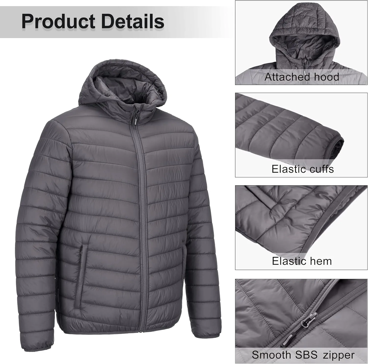 Outdoor Ventures Men's Lightweight Packable Hooded Puffer Jacket Insulated Winter Coat for Snow Ski Traveling