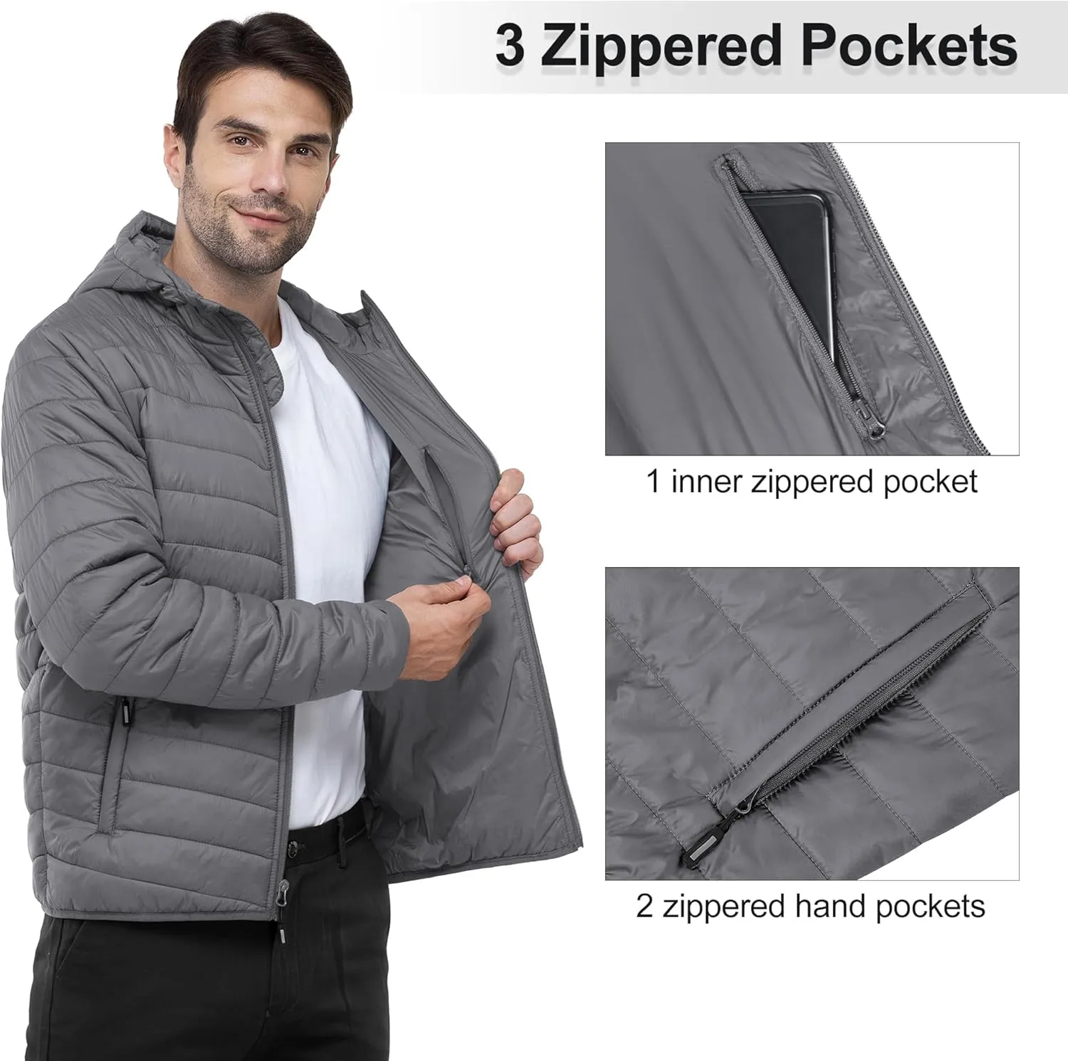 Outdoor Ventures Men's Lightweight Packable Hooded Puffer Jacket Insulated Winter Coat for Snow Ski Traveling