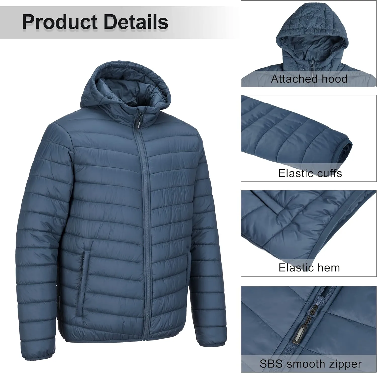 Outdoor Ventures Men's Lightweight Packable Hooded Puffer Jacket Insulated Winter Coat for Snow Ski Traveling