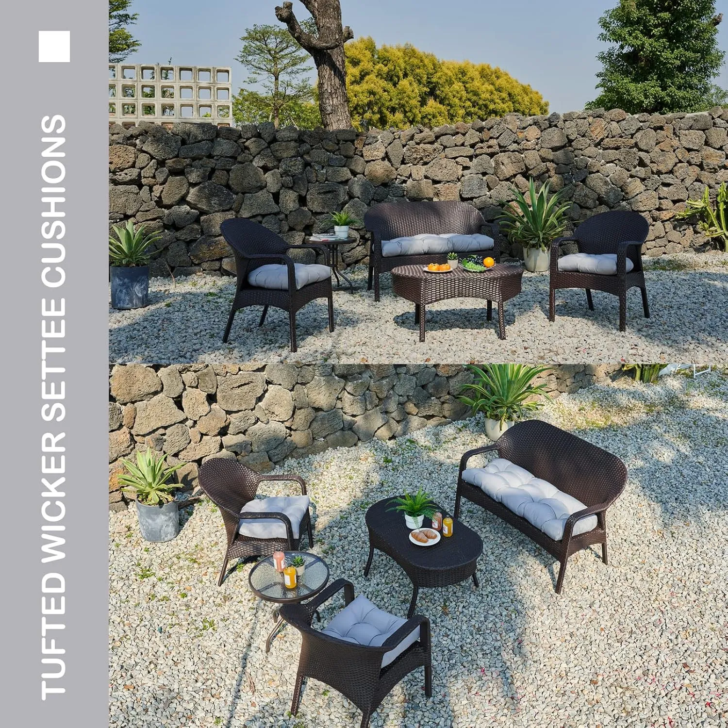Outdoor/Indoor All Weather Tufted Wicker Chair Cushions of 3 Pieces, 1 Loveseat and 2 U-Shape Waterproof Cushions for Patio Furniture,Wicker Loveseat,Bench-Grey