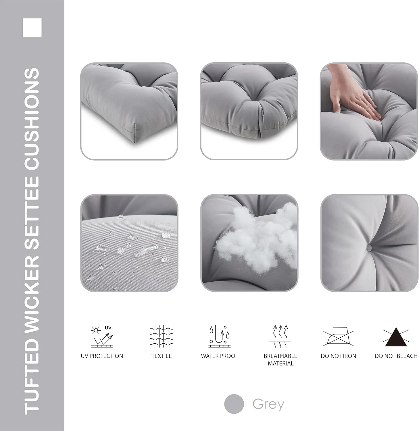 Outdoor/Indoor All Weather Tufted Wicker Chair Cushions of 3 Pieces, 1 Loveseat and 2 U-Shape Waterproof Cushions for Patio Furniture,Wicker Loveseat,Bench-Grey