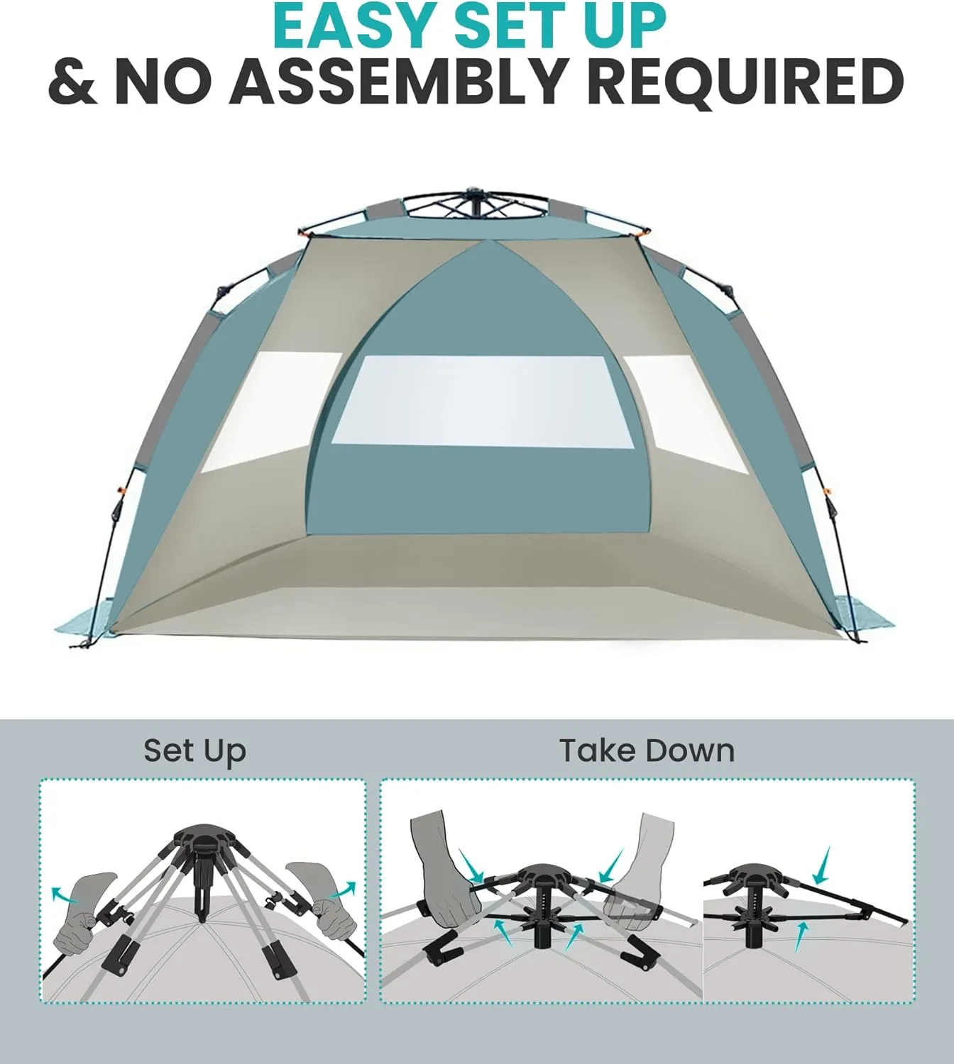 OutdoorMaster Beach Tent for 3-4 Person - Easy Setup and Portable Beach Shade Sun Shelter Canopy with UPF 50  UV Protection Removable Skylight Family Size