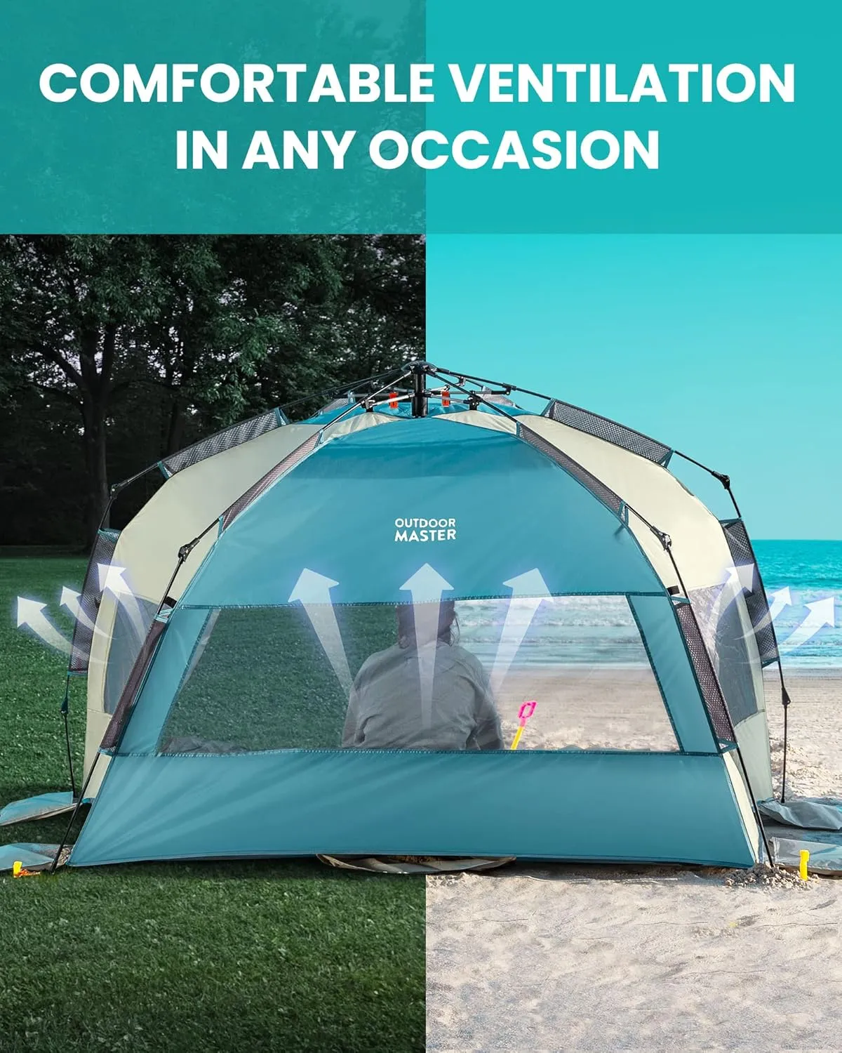 OutdoorMaster Beach Tent for 3-4 Person - Easy Setup and Portable Beach Shade Sun Shelter Canopy with UPF 50  UV Protection Removable Skylight Family Size