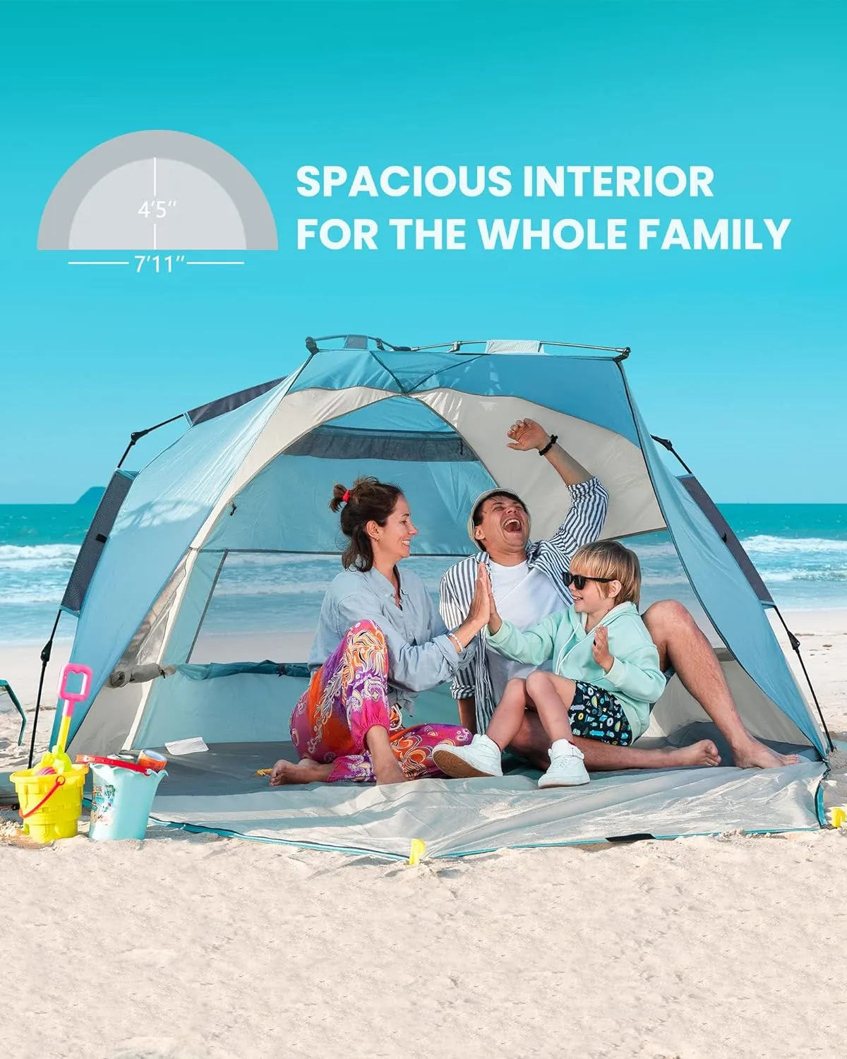 OutdoorMaster Beach Tent for 3-4 Person - Easy Setup and Portable Beach Shade Sun Shelter Canopy with UPF 50  UV Protection Removable Skylight Family Size