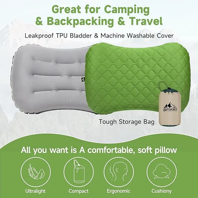 OUTSKIRT Inflatable Travel Pillow, 2-in-1 Camping Pillows for Sleeping, Ergonomic & Lightweight Small Backpacking Pillow for Travel, Hiking, Camping & Outdoor Activities, Green