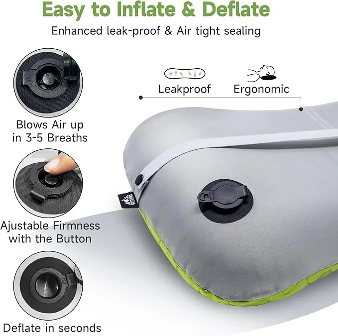 OUTSKIRT Inflatable Travel Pillow, 2-in-1 Camping Pillows for Sleeping, Ergonomic & Lightweight Small Backpacking Pillow for Travel, Hiking, Camping & Outdoor Activities, Green