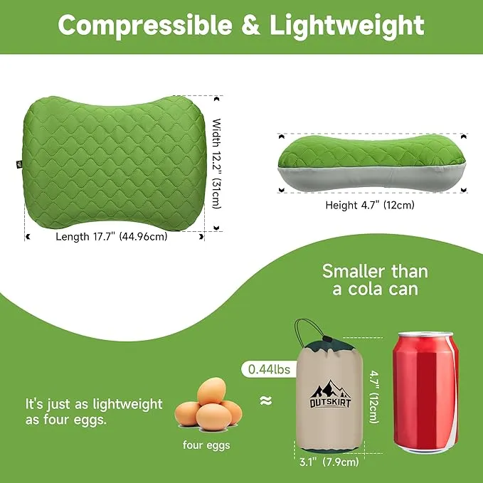 OUTSKIRT Inflatable Travel Pillow, 2-in-1 Camping Pillows for Sleeping, Ergonomic & Lightweight Small Backpacking Pillow for Travel, Hiking, Camping & Outdoor Activities, Green