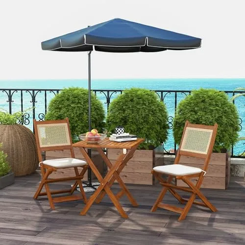 Outsunny 3 Pieces Patio Bistro Set Foldable Wooden PE Rattan Conversation Furniture Outdoor with Cushions, for Porch, Backyard, Garden, Light Teak