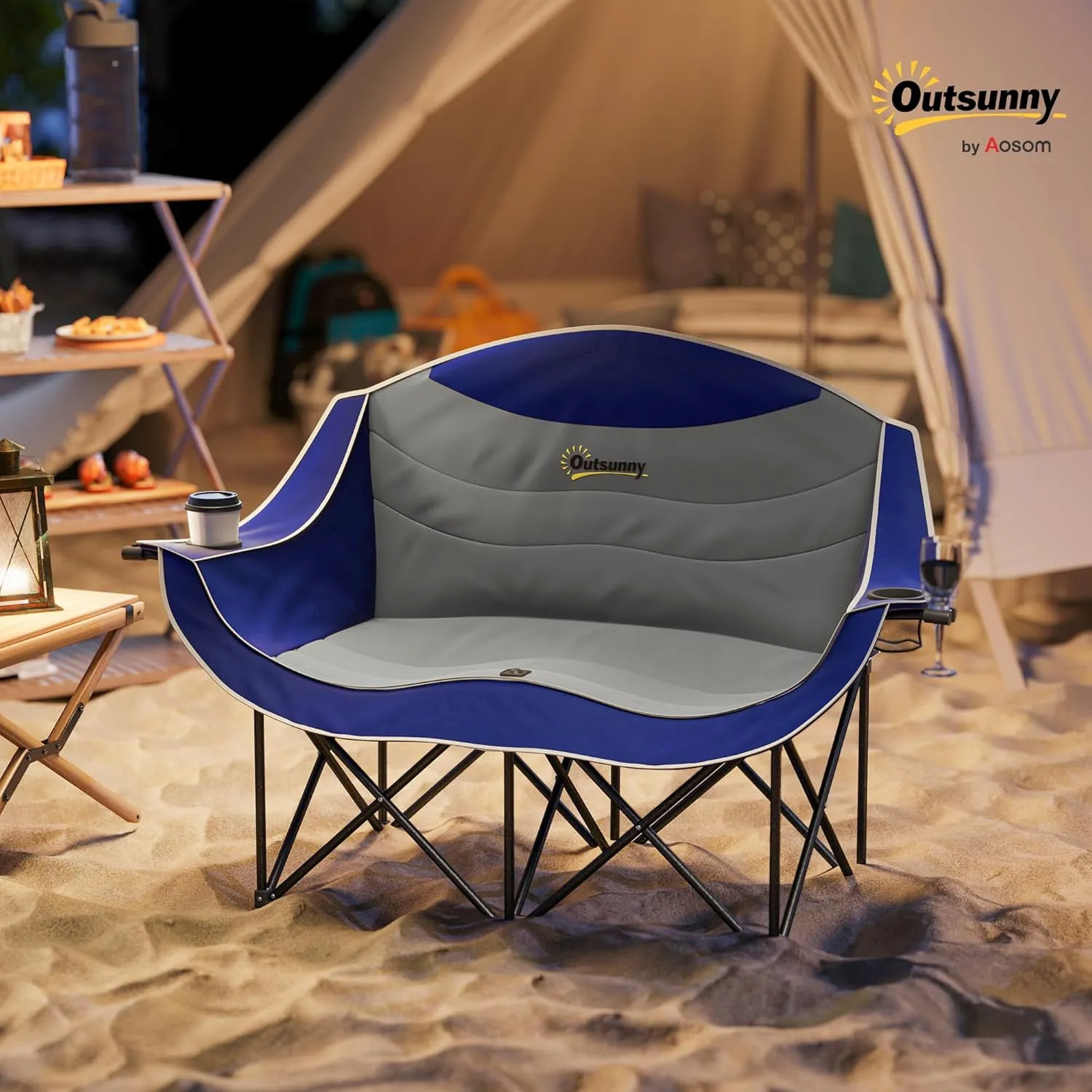 Outsunny Double Camping Chair for Adults, Padded Folding Camp Chair for 2 Person with Armrest, Wine Glass Holder, Cup Holder, Carry Bag for Outdoor Sports, Picnics, Supports up to 551 lbs., Blue