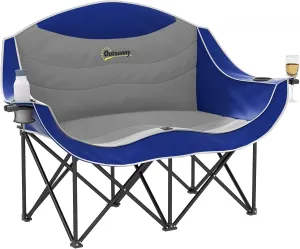 Outsunny Double Camping Chair for Adults, Padded Folding Camp Chair for 2 Person with Armrest, Wine Glass Holder, Cup Holder, Carry Bag for Outdoor Sports, Picnics, Supports up to 551 lbs., Blue