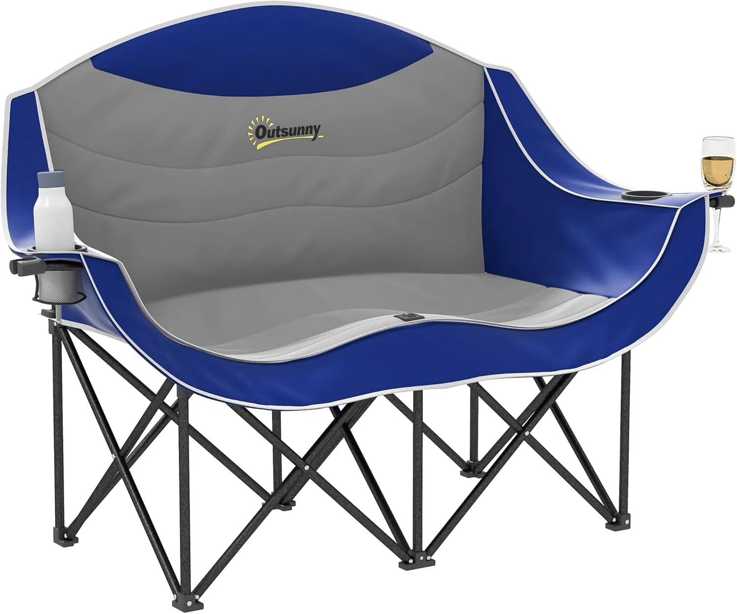 Outsunny Double Camping Chair for Adults, Padded Folding Camp Chair for 2 Person with Armrest, Wine Glass Holder, Cup Holder, Carry Bag for Outdoor Sports, Picnics, Supports up to 551 lbs., Blue
