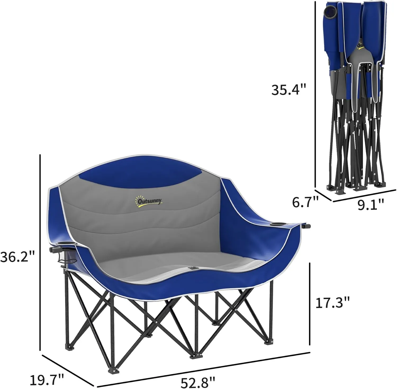 Outsunny Double Camping Chair for Adults, Padded Folding Camp Chair for 2 Person with Armrest, Wine Glass Holder, Cup Holder, Carry Bag for Outdoor Sports, Picnics, Supports up to 551 lbs., Blue