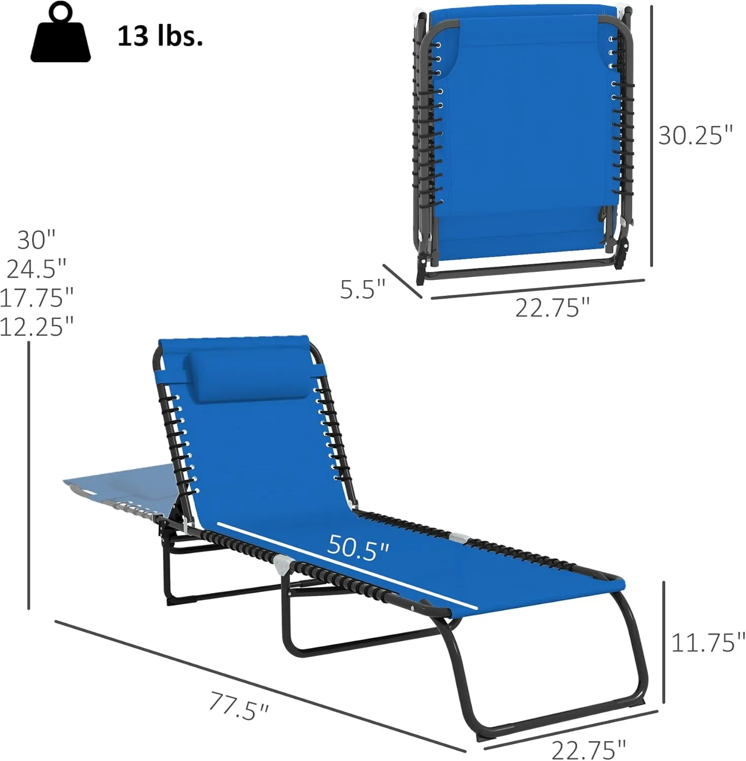 Outsunny Folding Chaise Lounge Chair, Patio Sun Tanning Chair, Outdoor Chaise Lounger with 4-Position Reclining Back, Breathable Mesh Seat for Beach, Poolside, Yard, Blue