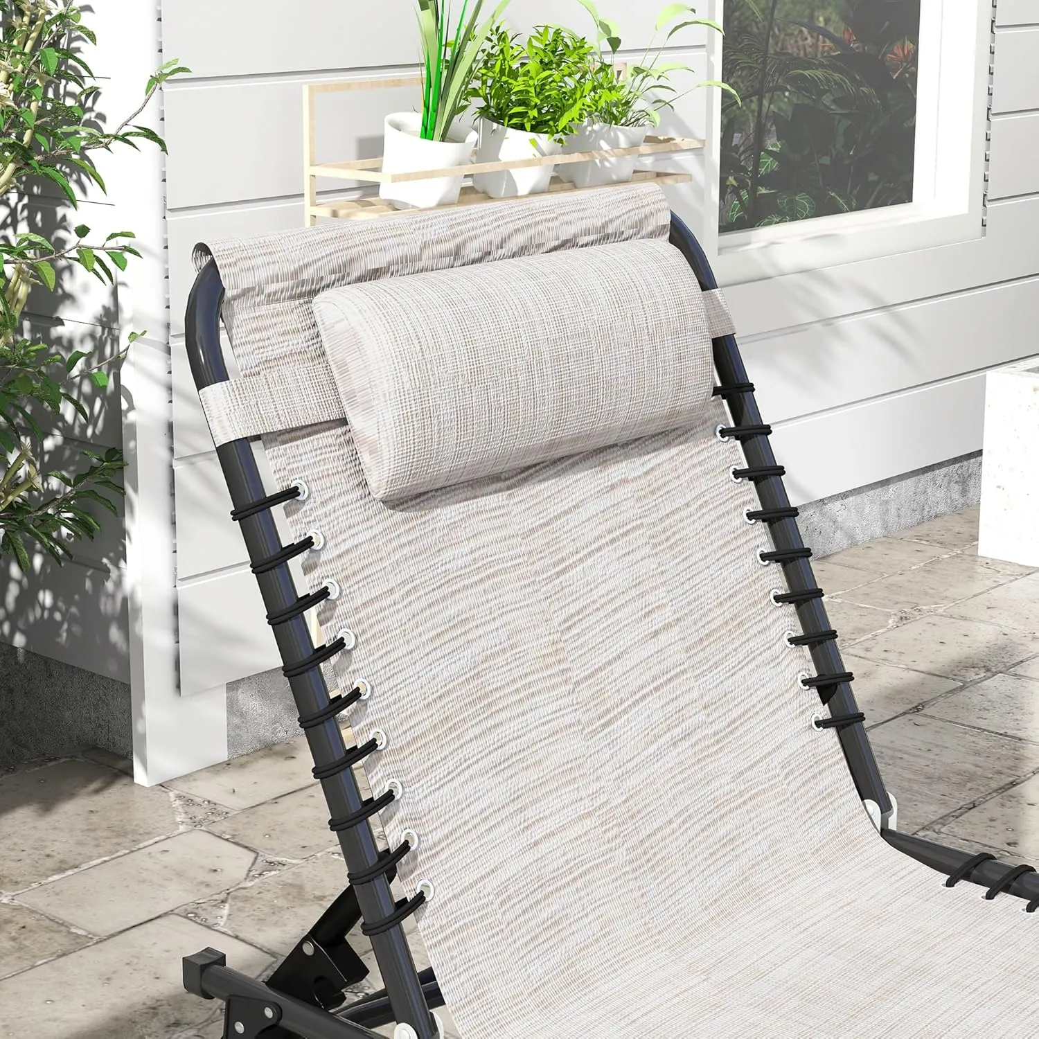 Outsunny Folding Chaise Lounge Chair, Patio Sun Tanning Chair, Outdoor Chaise Lounger with 4-Position Reclining Back, Breathable Mesh Seat for Beach, Poolside, Yard, Cream White