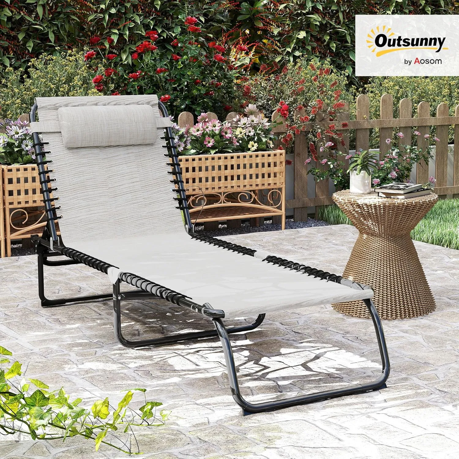 Outsunny Folding Chaise Lounge Chair, Patio Sun Tanning Chair, Outdoor Chaise Lounger with 4-Position Reclining Back, Breathable Mesh Seat for Beach, Poolside, Yard, Cream White
