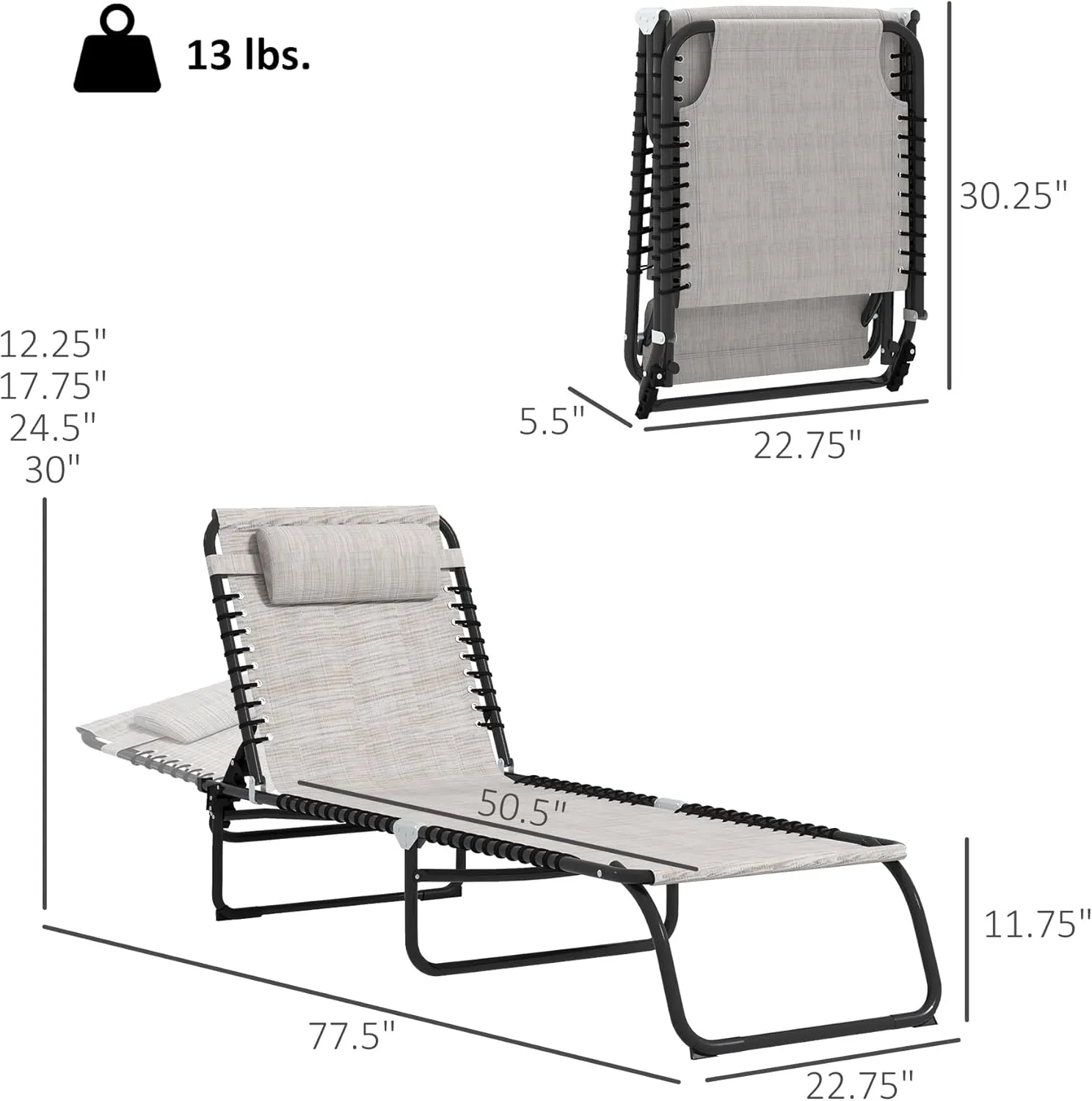 Outsunny Folding Chaise Lounge Chair, Patio Sun Tanning Chair, Outdoor Chaise Lounger with 4-Position Reclining Back, Breathable Mesh Seat for Beach, Poolside, Yard, Cream White