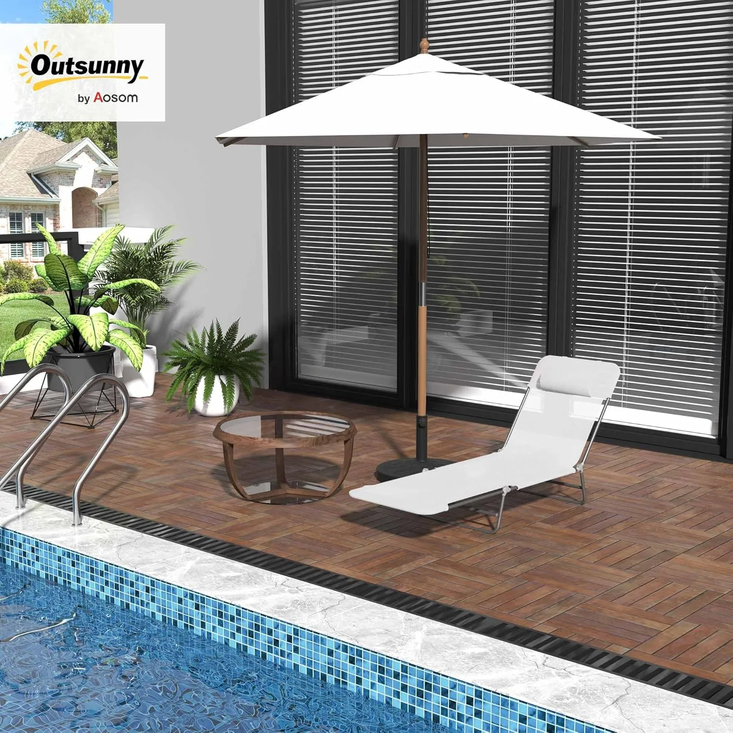 Outsunny Folding Chaise Lounge Chair, Pool Sun Tanning Chair, Outdoor Lounge Chair with Reclining Back, Breathable Mesh Seat, Headrest for Beach, Yard, Patio, Cream White