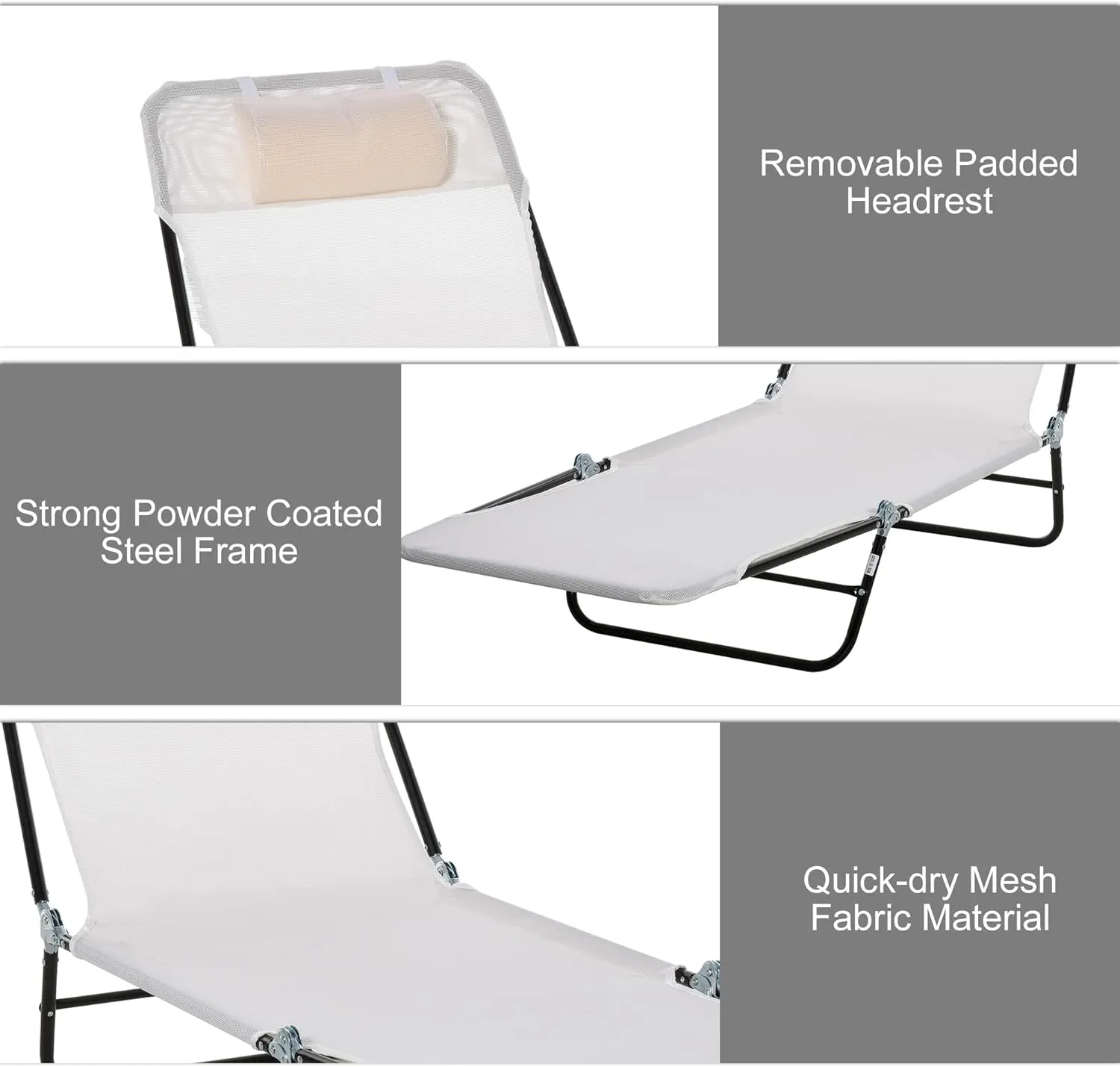 Outsunny Folding Chaise Lounge Chair, Pool Sun Tanning Chair, Outdoor Lounge Chair with Reclining Back, Breathable Mesh Seat, Headrest for Beach, Yard, Patio, Cream White