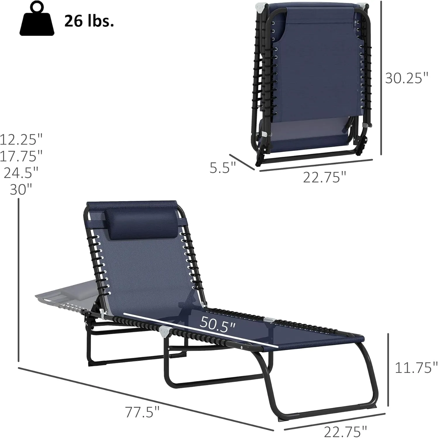 Outsunny Folding Chaise Lounge Chair Set of 2, Patio Sun Tanning Chair, Outdoor Chaise Lounger with 4-Position Reclining Back, Breathable Mesh Seat for Beach, Poolside, Dark Blue