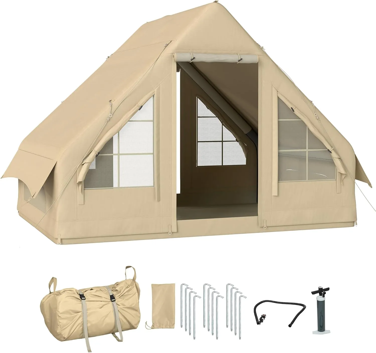 Outsunny Inflatable Camping Tent with Hand Pump, Easy Setup 4 Season Blow Up Tent, Waterproof and Windproof Glamping Tent, Luxury Inflatable Tent with Mesh Windows, Doors and Carry Bag, for 3 People