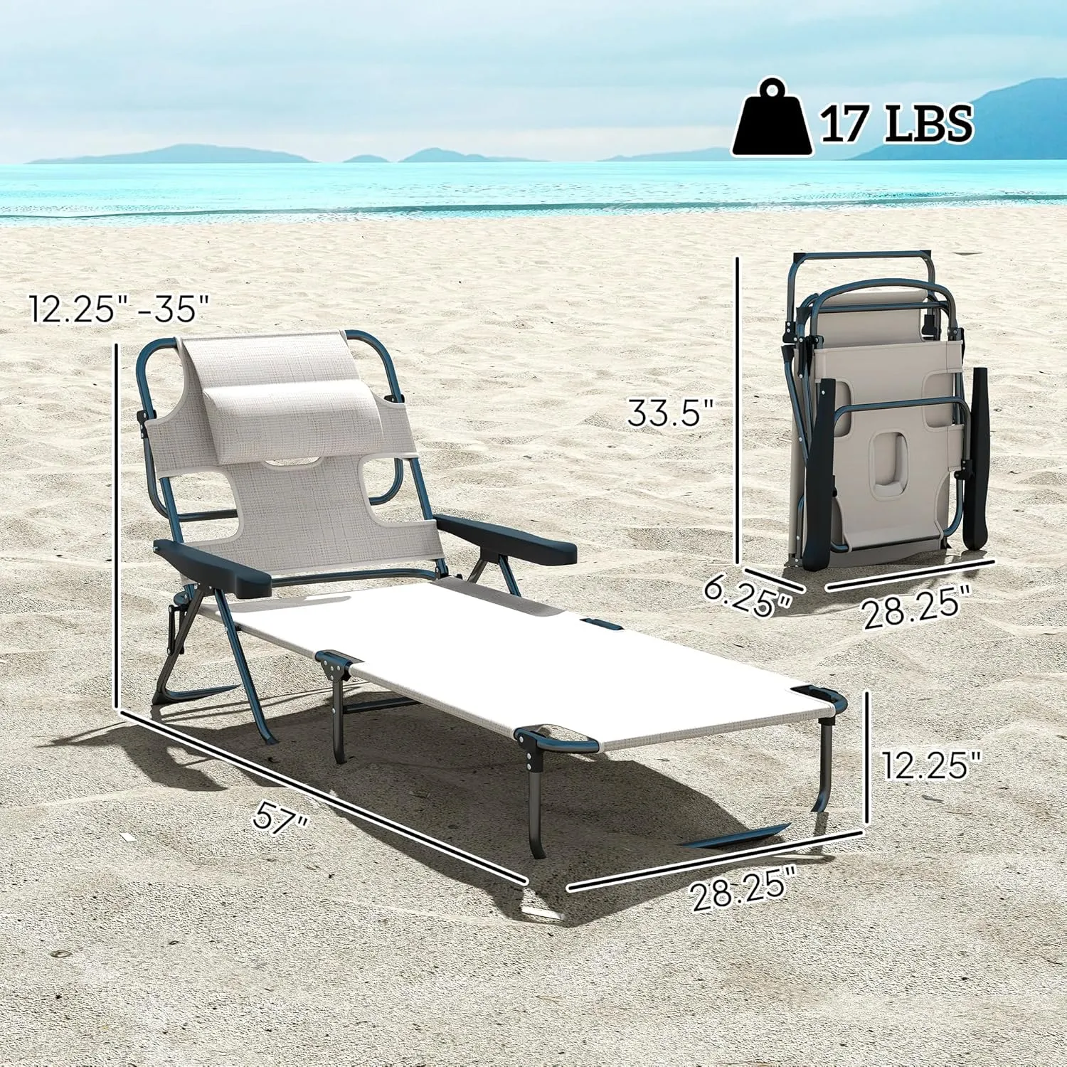 Outsunny Tanning Chaise Lounge Chair, 4-Position Beach Chair with Face & Arm Holes, Pillow headrest, Adjustable Sunbathing Chair, Cream White