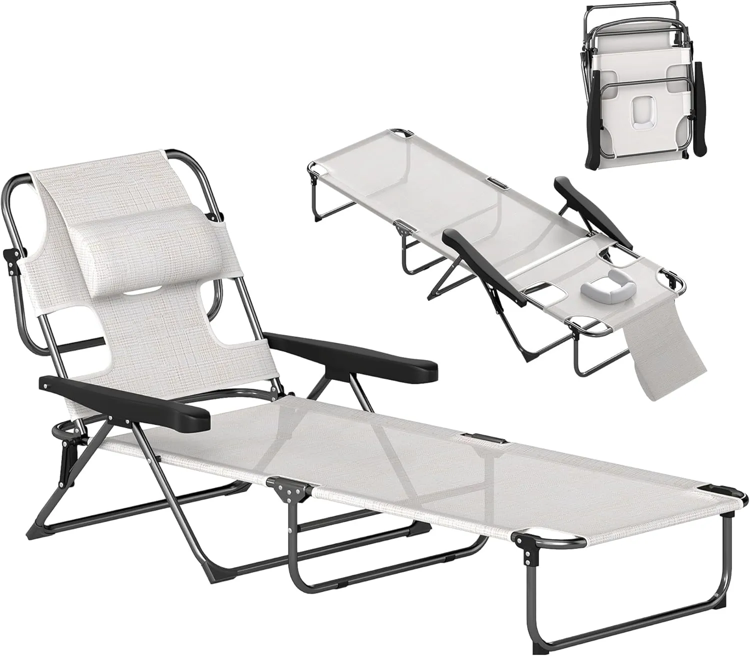 Outsunny Tanning Chaise Lounge Chair, 4-Position Beach Chair with Face & Arm Holes, Pillow headrest, Adjustable Sunbathing Chair, Cream White