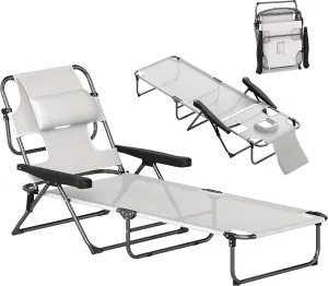 Outsunny Tanning Chaise Lounge Chair, 4-Position Beach Chair with Face & Arm Holes, Pillow headrest, Adjustable Sunbathing Chair, Cream White