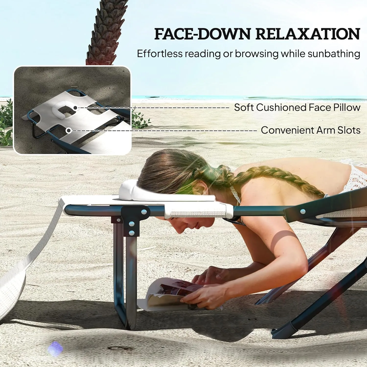 Outsunny Tanning Chaise Lounge Chair, 4-Position Beach Chair with Face & Arm Holes, Pillow headrest, Adjustable Sunbathing Chair, Cream White