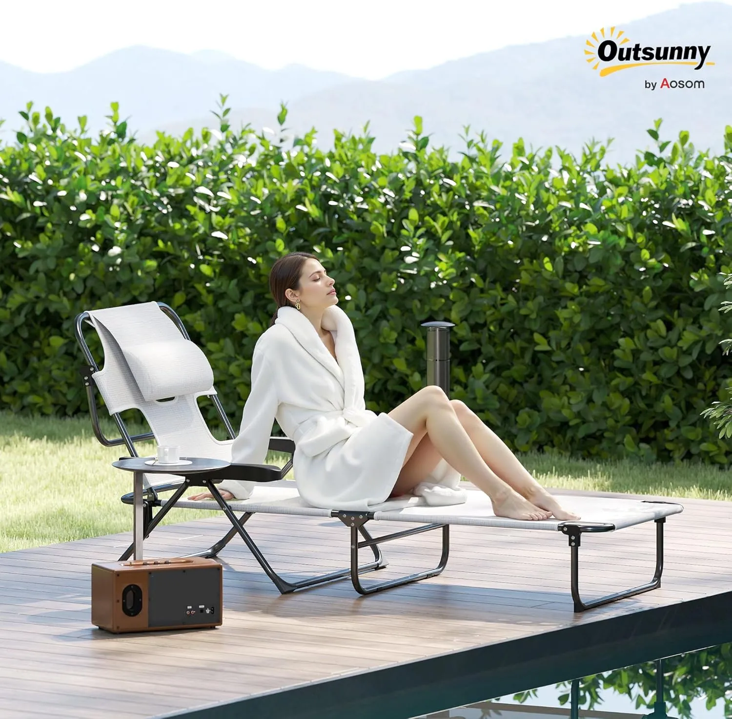 Outsunny Tanning Chaise Lounge Chair, 4-Position Beach Chair with Face & Arm Holes, Pillow headrest, Adjustable Sunbathing Chair, Cream White