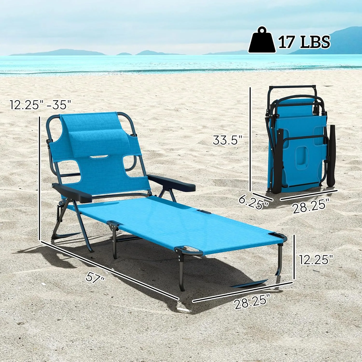 Outsunny Tanning Chaise Lounge Chair, 4-Position Beach Chair with Face & Arm Holes, Pillow headrest, Adjustable Sunbathing Chair, Light Blue