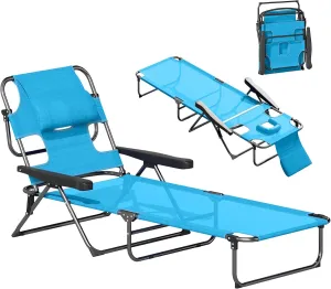 Outsunny Tanning Chaise Lounge Chair, 4-Position Beach Chair with Face & Arm Holes, Pillow headrest, Adjustable Sunbathing Chair, Light Blue