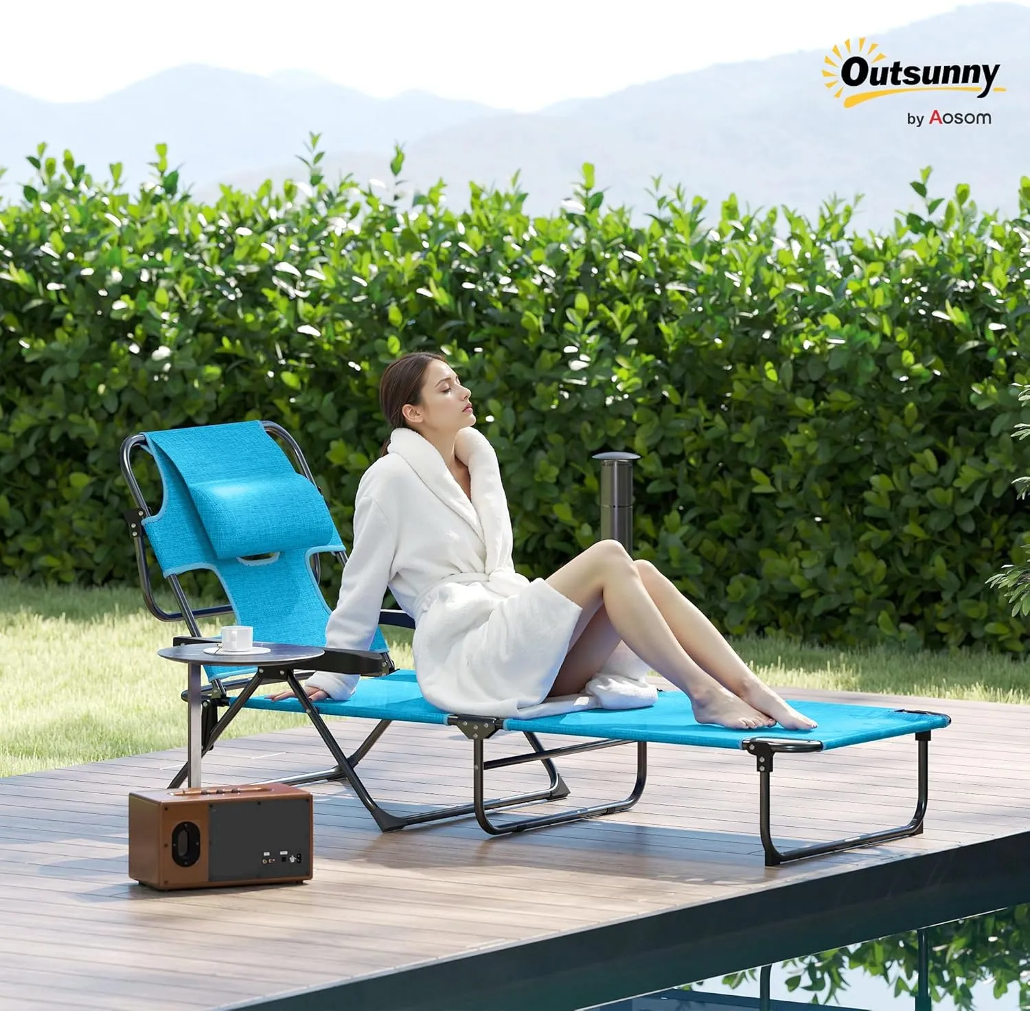 Outsunny Tanning Chaise Lounge Chair, 4-Position Beach Chair with Face & Arm Holes, Pillow headrest, Adjustable Sunbathing Chair, Light Blue