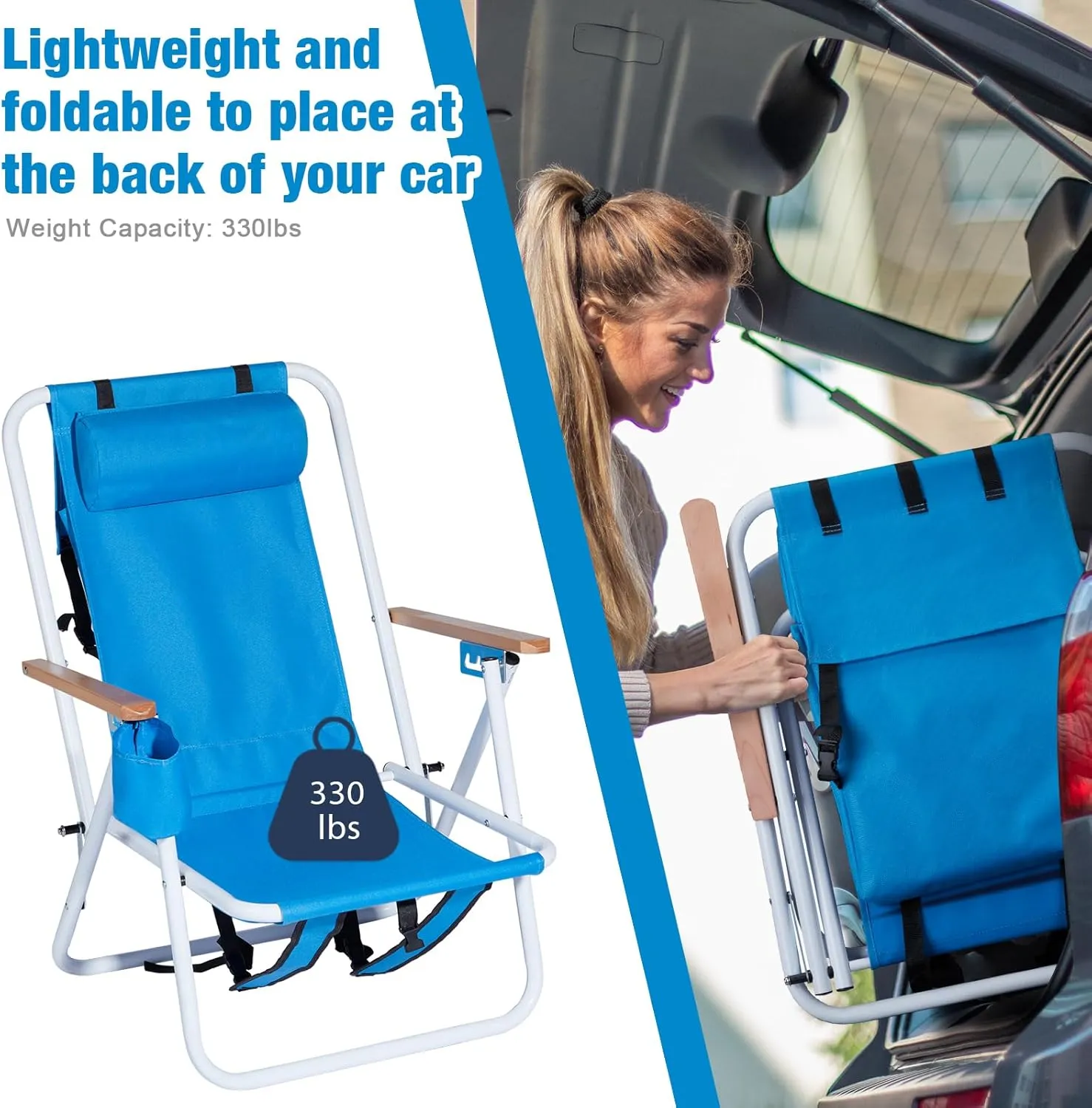 Outvita Folding Beach Chair Adjustable Headrest w/4 Flexible Tilt Angle, Cup Holder Portable High Strength Cleanable Fabric, for Sand Camping Lawn Concert Travel Festival