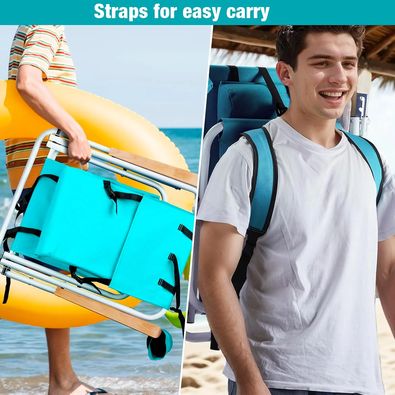 Outvita Folding Beach Chair Adjustable Headrest w/4 Flexible Tilt Angle, Cup Holder Portable High Strength Cleanable Fabric, for Sand Camping Lawn Concert Travel Festival