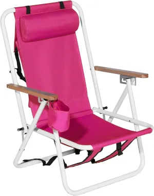Outvita Folding Beach Chair Adjustable Headrest w/4 Flexible Tilt Angle, Cup Holder Portable High Strength Cleanable Fabric, for Sand Camping Lawn Concert Travel Festival