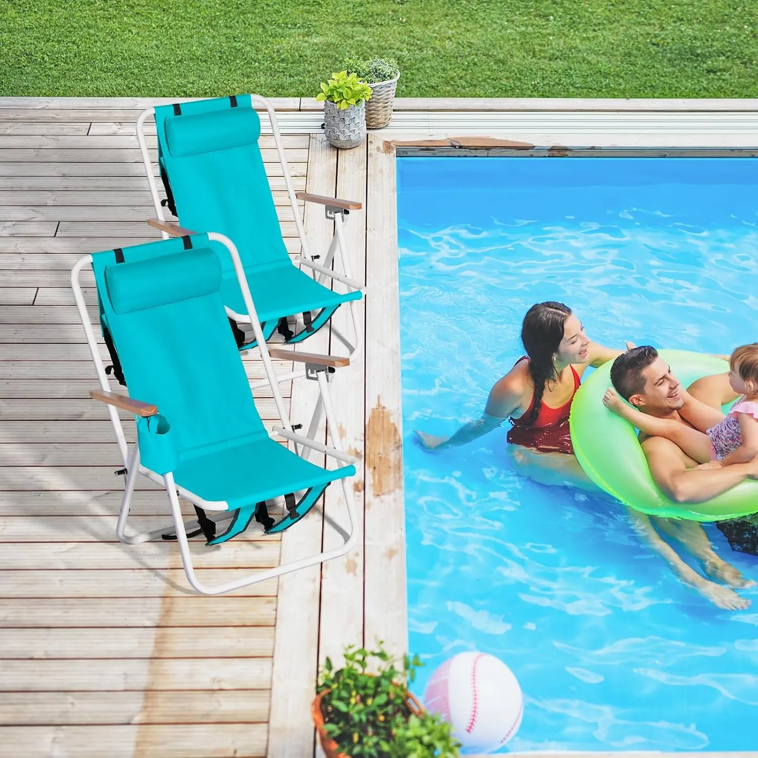 Outvita Folding Beach Chair Adjustable Headrest w/4 Flexible Tilt Angle, Cup Holder Portable High Strength Cleanable Fabric, for Sand Camping Lawn Concert Travel Festival