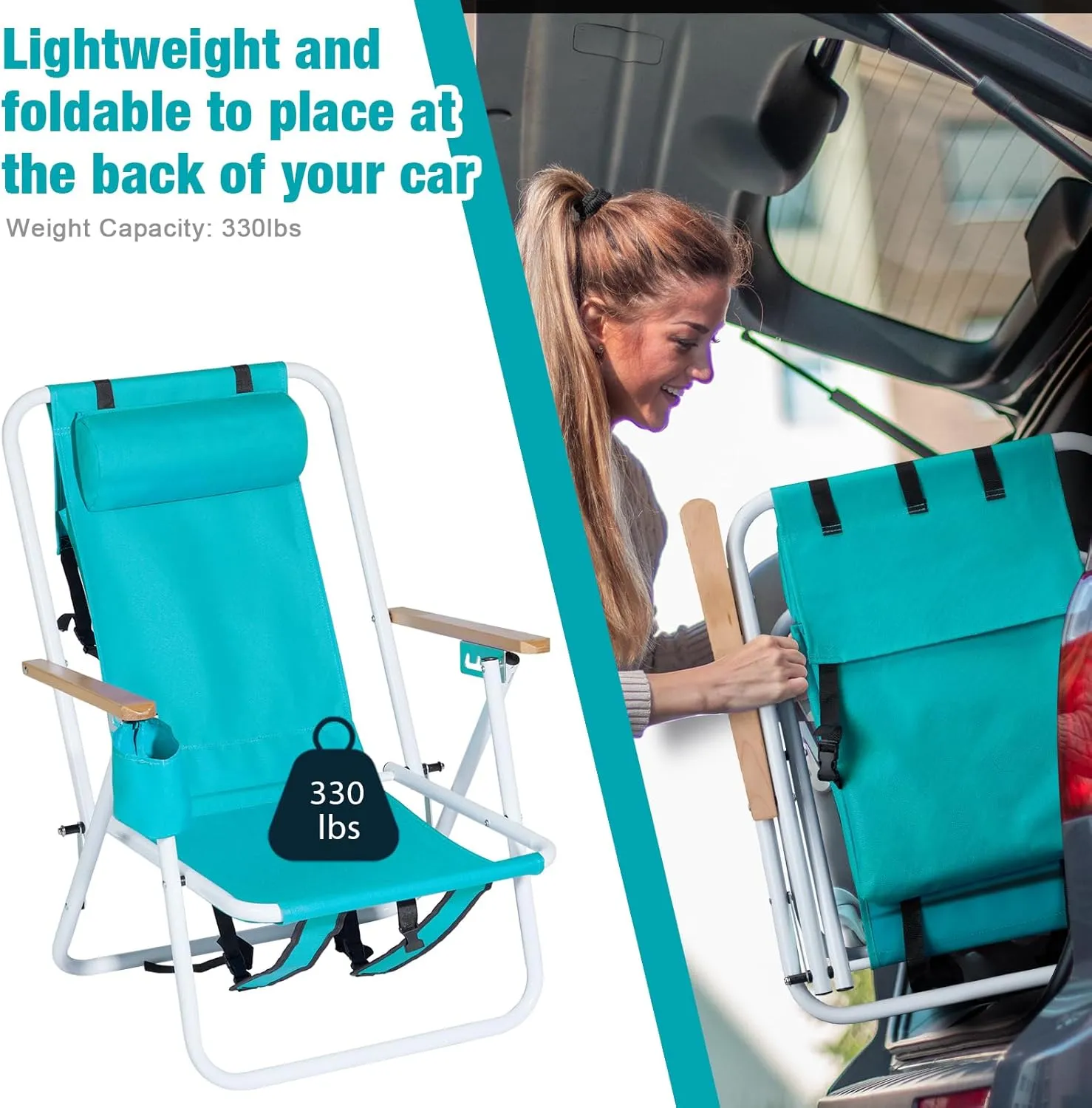 Outvita Folding Beach Chair Adjustable Headrest w/4 Flexible Tilt Angle, Cup Holder Portable High Strength Cleanable Fabric, for Sand Camping Lawn Concert Travel Festival