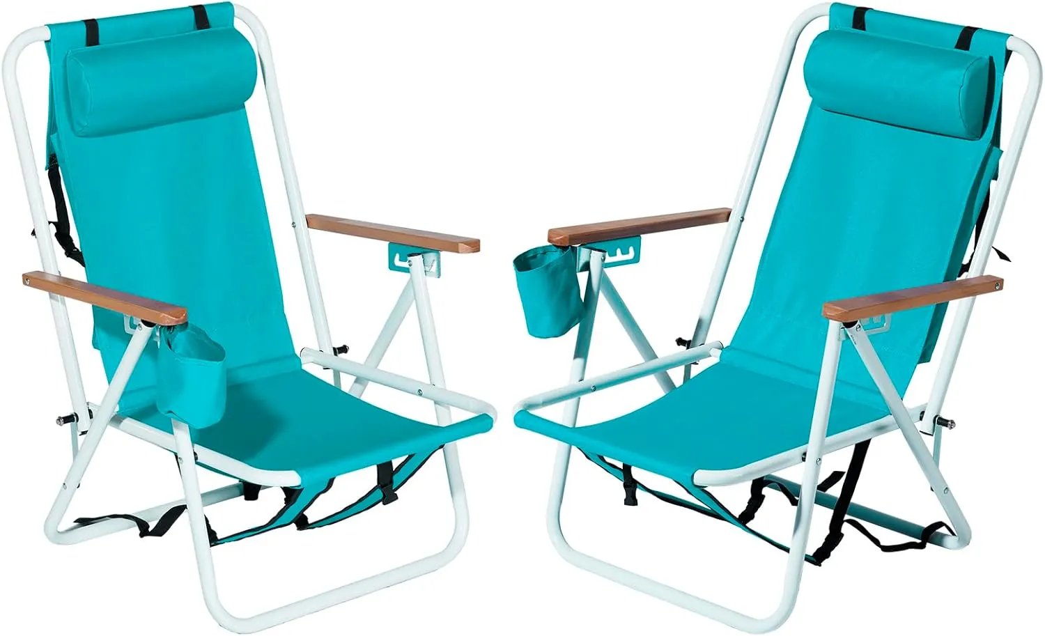 Outvita Folding Beach Chair Adjustable Headrest w/4 Flexible Tilt Angle, Cup Holder Portable High Strength Cleanable Fabric, for Sand Camping Lawn Concert Travel Festival
