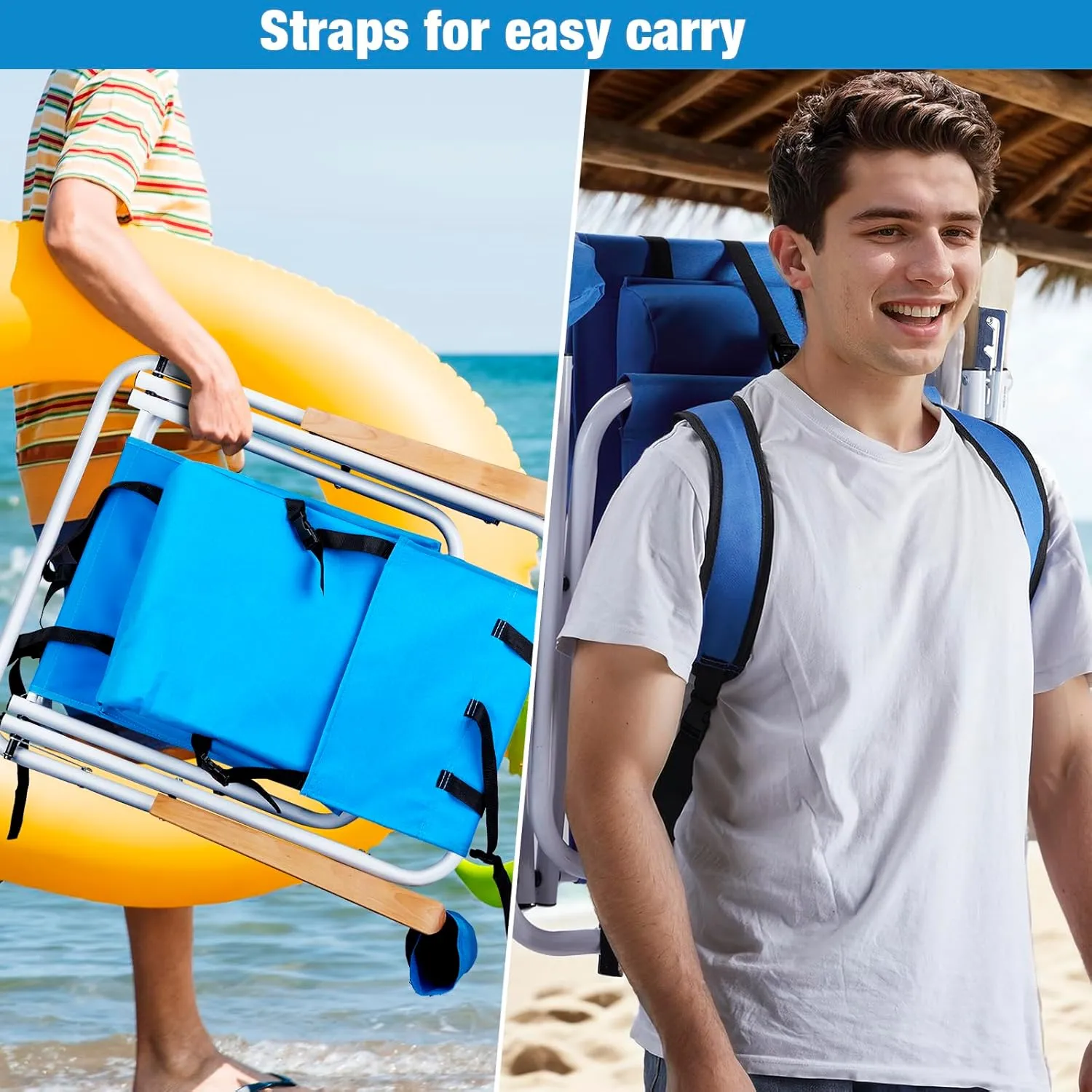 Outvita Folding Beach Chair Adjustable Headrest w/4 Flexible Tilt Angle, Cup Holder Portable High Strength Cleanable Fabric, for Sand Camping Lawn Concert Travel Festival
