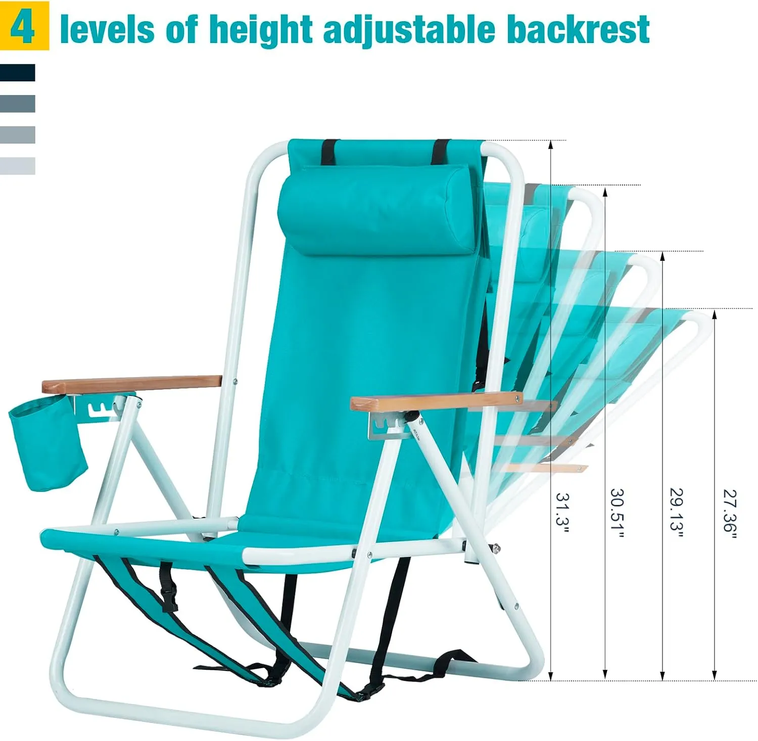 Outvita Folding Beach Chair Adjustable Headrest w/4 Flexible Tilt Angle, Cup Holder Portable High Strength Cleanable Fabric, for Sand Camping Lawn Concert Travel Festival