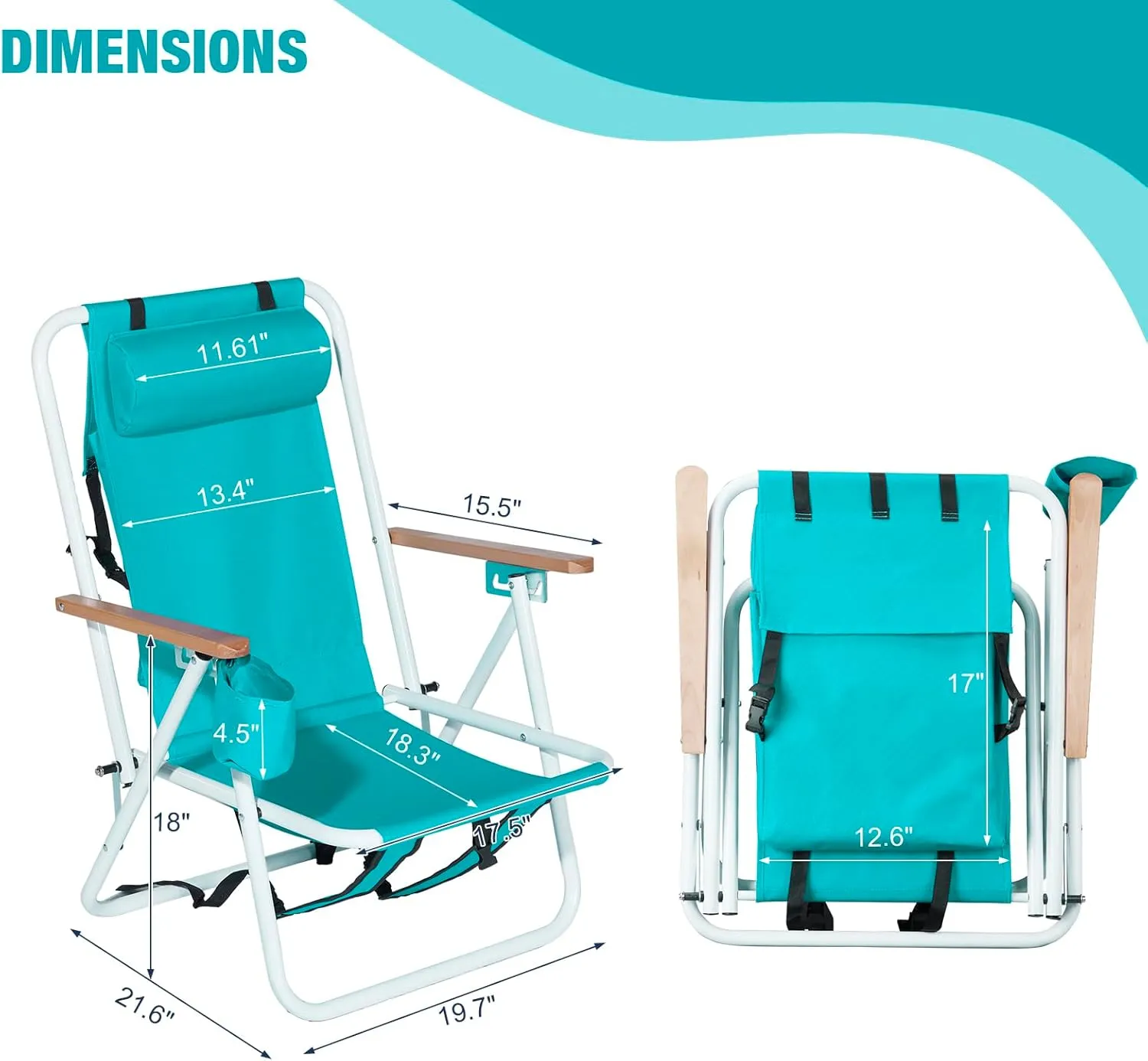 Outvita Folding Beach Chair Adjustable Headrest w/4 Flexible Tilt Angle, Cup Holder Portable High Strength Cleanable Fabric, for Sand Camping Lawn Concert Travel Festival