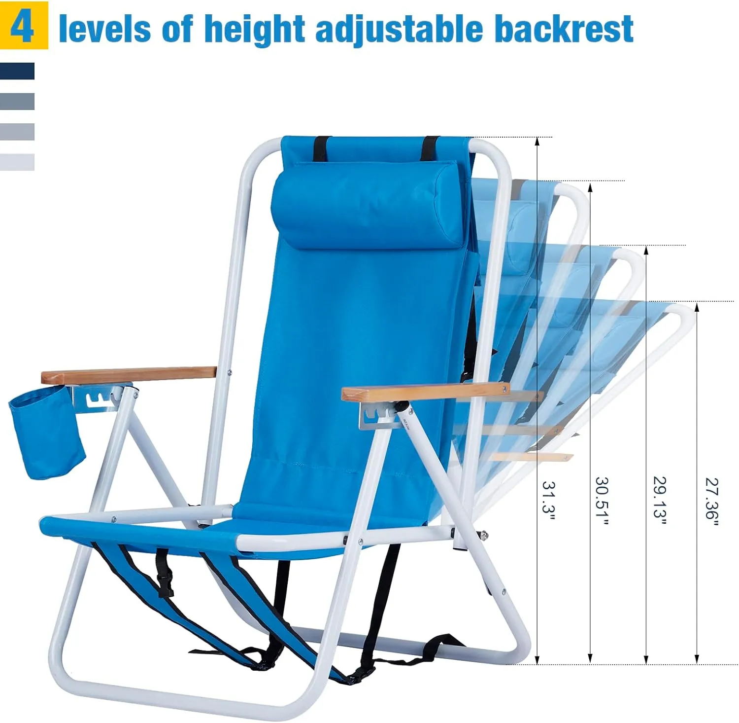 Outvita Folding Beach Chair Adjustable Headrest w/4 Flexible Tilt Angle, Cup Holder Portable High Strength Cleanable Fabric, for Sand Camping Lawn Concert Travel Festival